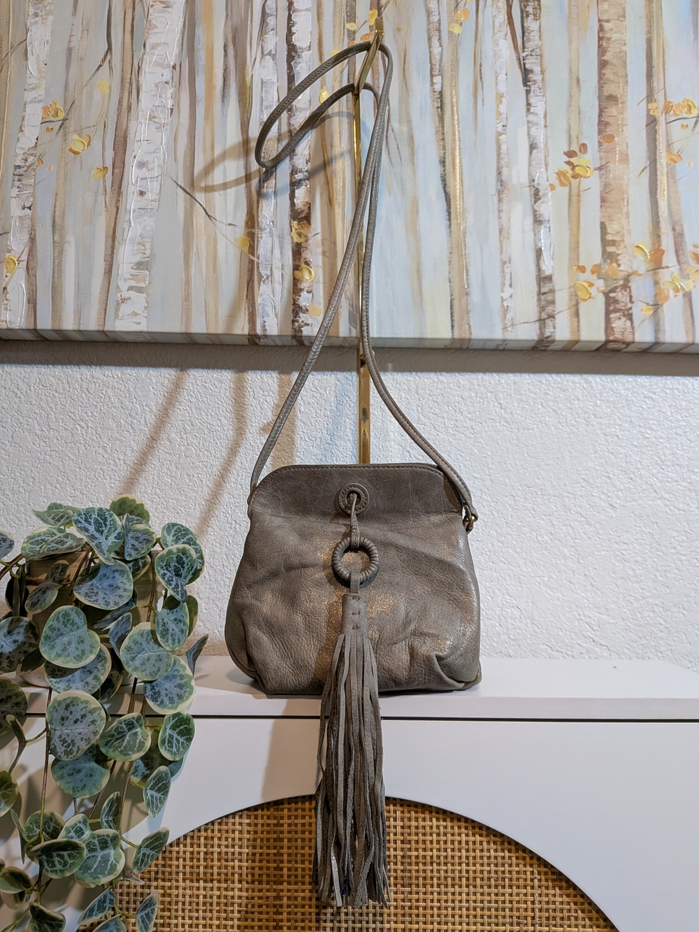 Hobo International Birdy Gray Metallic Leather Tassel Crossbody Bag